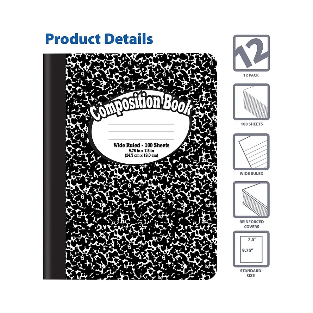Composition Notebooks|Better Office 1-Subject Composition Notebooks, 7.5" x 9.75", Wide Ruled, 100 Sheets, Black, 12/Pack (25112-12PK)