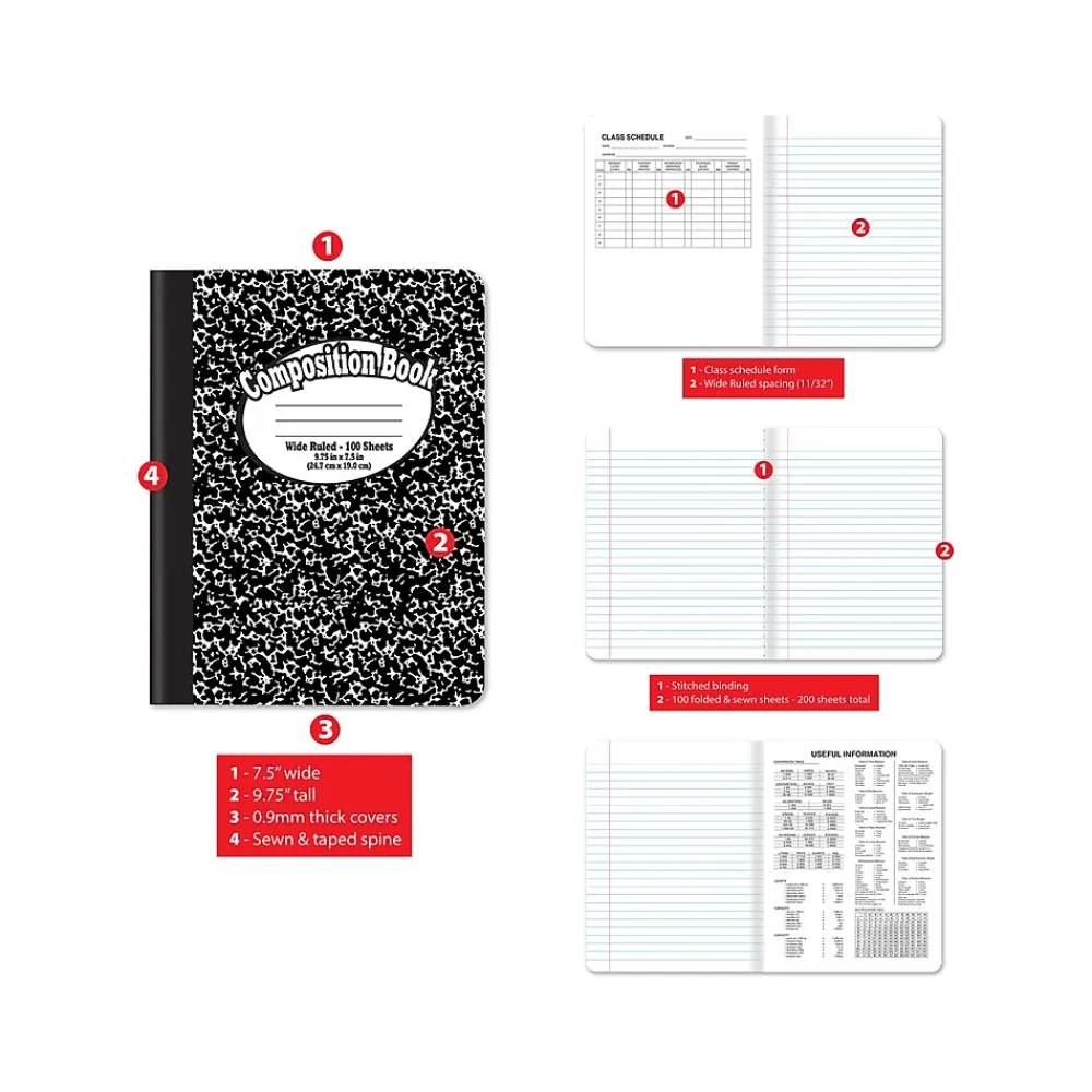 Composition Notebooks|Better Office 1-Subject Composition Notebooks, 7.5" x 9.75", Wide Ruled, 100 Sheets, Black, 12/Pack (25112-12PK)