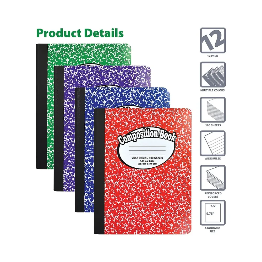 Composition Notebooks|Better Office 1-Subject Composition Notebooks, 7.5" x 9.75", Wide Ruled, 100 Sheets, Assorted Colors, 12/Pack (25212-12PK)