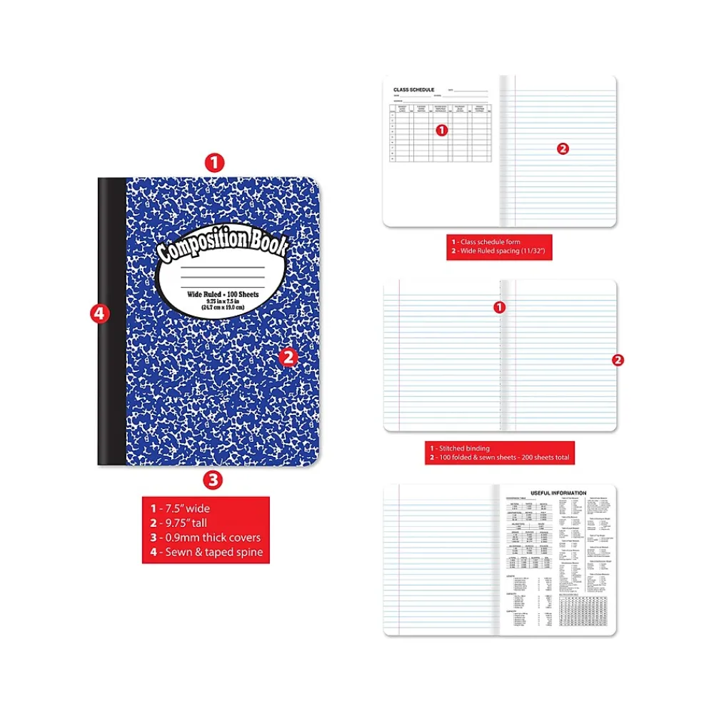 Composition Notebooks|Better Office 1-Subject Composition Notebooks, 7.5" x 9.75", Wide Ruled, 100 Sheets, Assorted Colors, 12/Pack (25212-12PK)