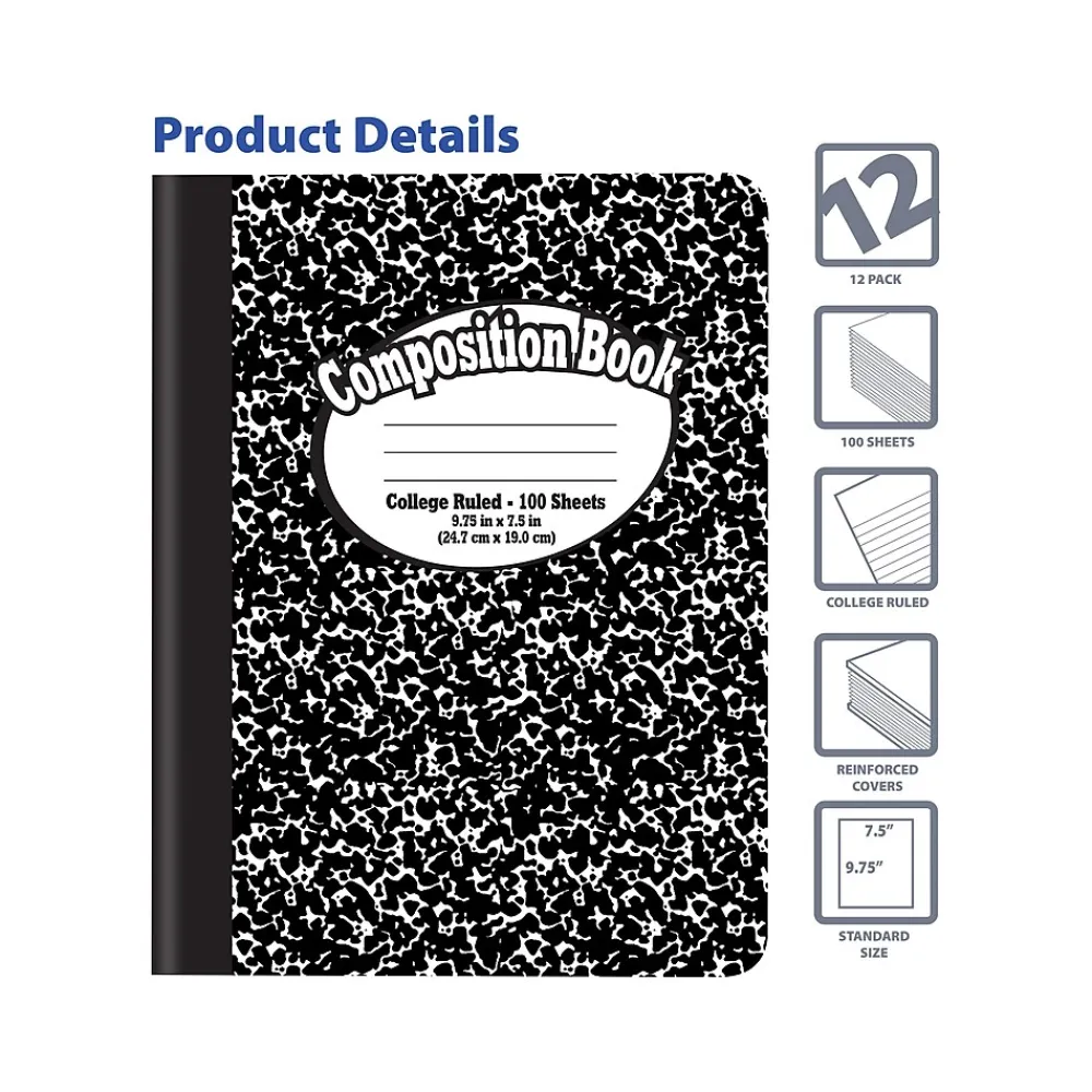 Composition Notebooks|Better Office 1-Subject Composition Notebooks, 7.5" x 9.75", College Ruled, 100 Sheets, Black, 12/Pack (25312-12PK)