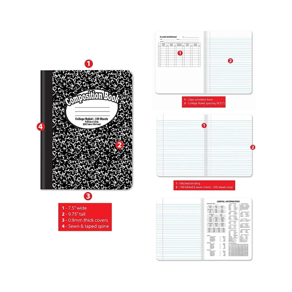 Composition Notebooks|Better Office 1-Subject Composition Notebooks, 7.5" x 9.75", College Ruled, 100 Sheets, Black, 12/Pack (25312-12PK)