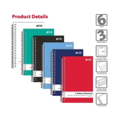 Subject Notebooks|Better Office 3-Subject Notebooks, 5.5" x 9.5", College Ruled, 150 Sheets, 6/Pack (25746-6PK)