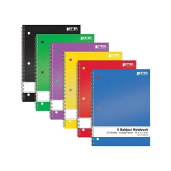 Subject Notebooks|Better Office 3-Subject Notebooks, 8" x 10.5", College Ruled, 120 Sheets, 6/Pack (25736-6PK)