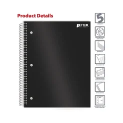 Subject Notebooks|Better Office 5-Subject Subject Notebooks, 8.5" x 11", College Ruled, 200 Sheets, Black (25781)