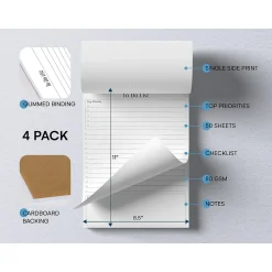 Notepads|Better Office To-Do List Notepad, 8.5" x 11", Ruled, White, 50 Sheets/Pad, 4 Pads/Pack (25833-4PK)