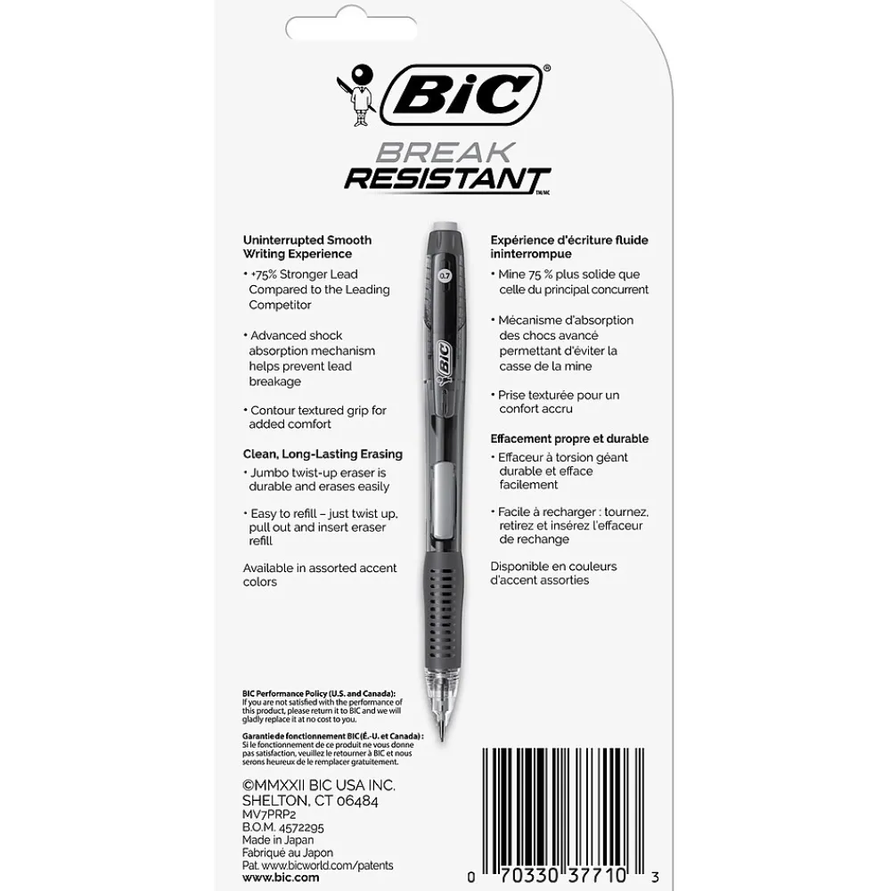 Pencils|BIC Break-Resistant Mechanical Pencils with Erasers, 0.7mm, #2 Medium Lead, 2/Pack (MV7PRP2-BLK)