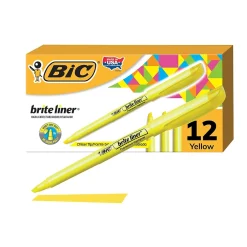 Highlighters|BIC Brite Liner Stick Highlighter, Chisel Tip, Yellow, Dozen (65550)
