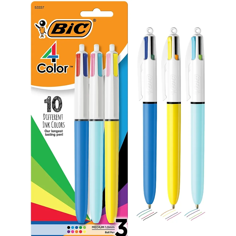 Pens|BIC 4-Color Retractable Ballpoint Pen, Medium Point, Assorted Inks, 3/Pack (MMXP31-AST)