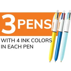 Pens|BIC 4-Color Retractable Ballpoint Pen, Medium Point, Assorted Inks, 3/Pack (MMXP31-AST)