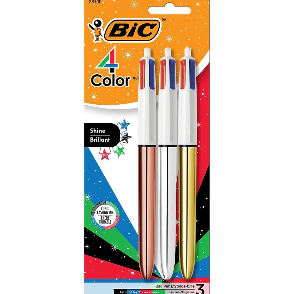 Pens|BIC 4-Color Shine Retractable Ballpoint Pen, Medium Point, Assorted Ink, 3/Pack (MMMTP31-AST)