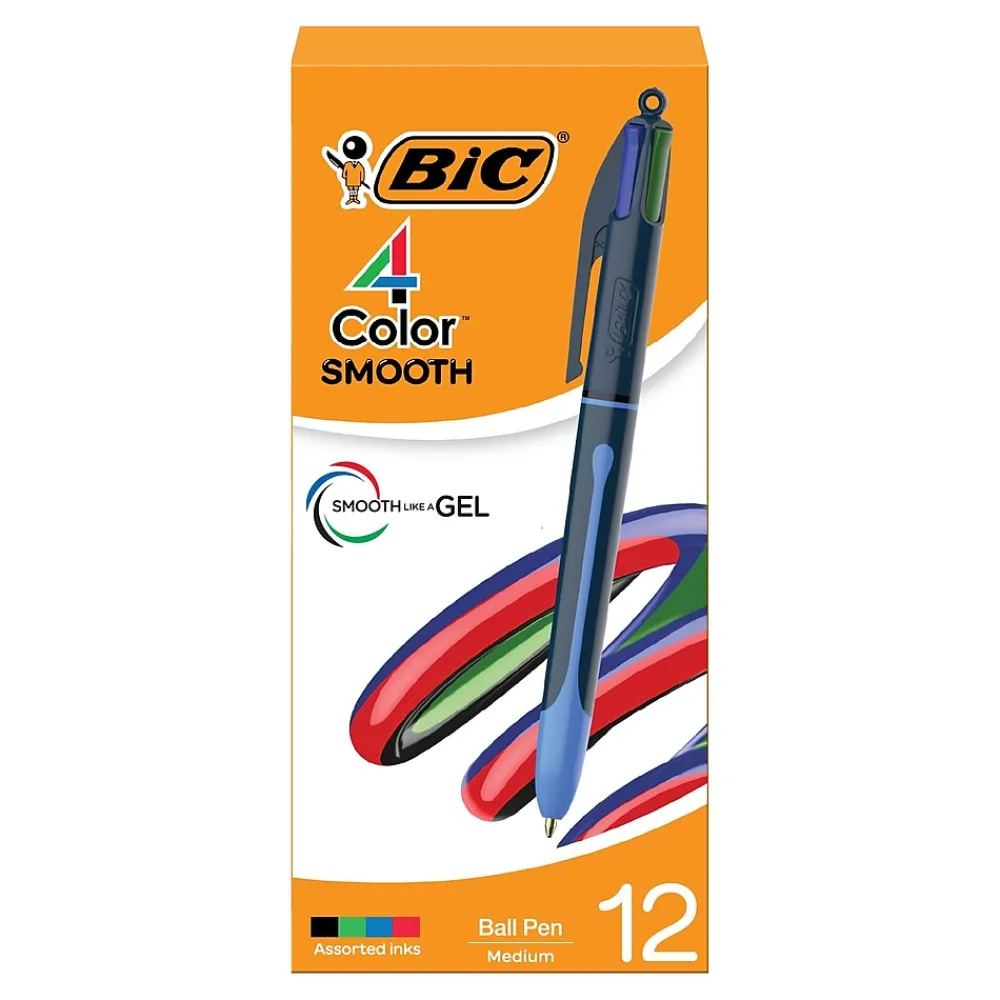 Pens|BIC 4-Color Smooth Retractable Ballpoint Pen, Medium Point, Assorted Ink, 12/Pack (MMS11-AST)