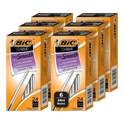 Pens|BIC Cristal Xtra Smooth Ballpoint Pen, Medium Point, Black Ink, 24/Box, 6 Boxes/Pack (MS144E-BLK)