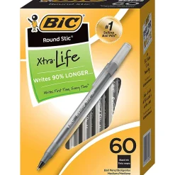Pens|BIC Round Stic Xtra Life Ballpoint Pens, Medium Point, Black, 60/Pack, 2 Packs (GSM609BK-2)