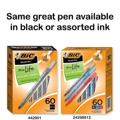 Pens|BIC Round Stic Xtra Life Ballpoint Pens, Medium Point, 1.0mm, Blue Ink, 60/Pack (GSM609BE)
