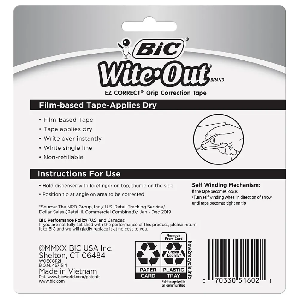 Correction & White-Out|BIC Wite-Out EZ Grip Correction Tape, White, 2/Pack (WOECGP21)