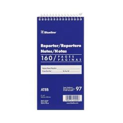Notepads|Blueline Reporter Notepad, 4" x 8", Ruled, Blue, 80 Sheets/Pad (AT8B)