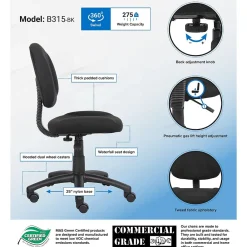 Office Chairs*Boss Office Products Boss Armless Ergonomic Fabric Swivel Task Chair, Black (B315-BK)