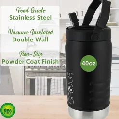 Brentwood Geojug Stainless Steel Double Walled Sports Water Jug, 40 oz., Black (G-1200BK)