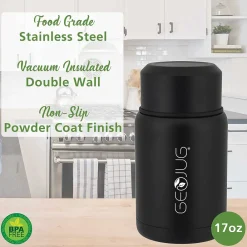 Geojug Stainless Steel Double Walled Food Jar with Bowl & Folding Spoon, 17 oz., Black (FTS-500BK)<Brentwood Sale