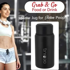 Geojug Stainless Steel Double Walled Food Jar with Bowl & Folding Spoon, 25 oz., Black (FTS-750BK)<Brentwood Online