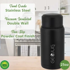 Geojug Stainless Steel Double Walled Food Jar with Bowl & Folding Spoon, 25 oz., Black (FTS-750BK)<Brentwood Online