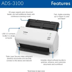 Brother ADS3100 Duplex Document Scanner, Black/White