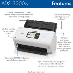 Brother ADS3300W Wireless Duplex Document Scanner, White/Black