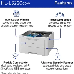 Brother HL-L3220CDW Wireless Color Laser Printer, Single-Function, Print