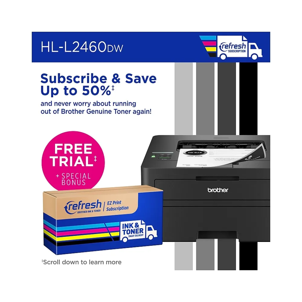 Brother HL-L2460DW Compact Wireless Black & White Laser Printer, Single-Function, Print, Refresh Subscription Ready