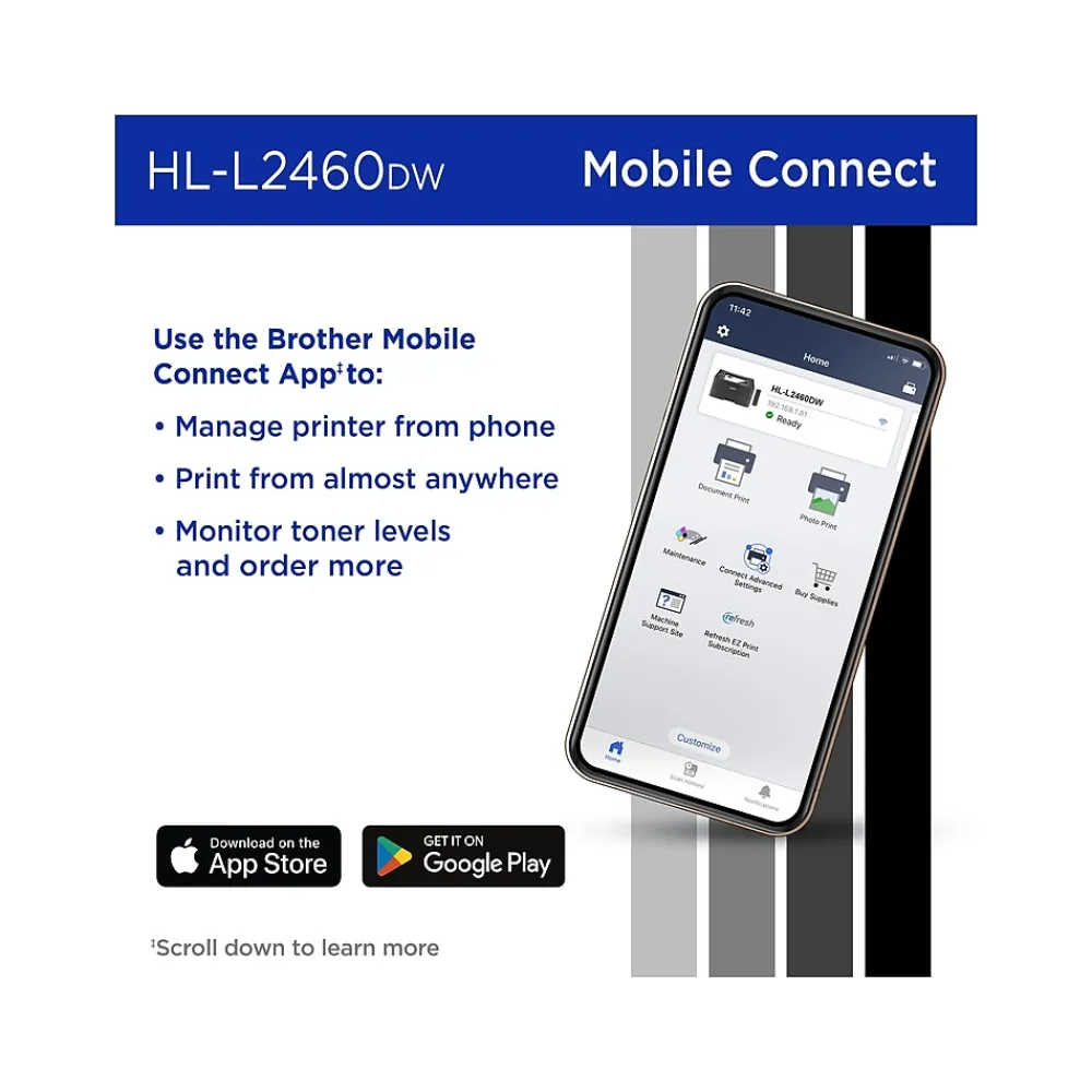 Brother HL-L2460DW Compact Wireless Black & White Laser Printer, Single-Function, Print, Refresh Subscription Ready