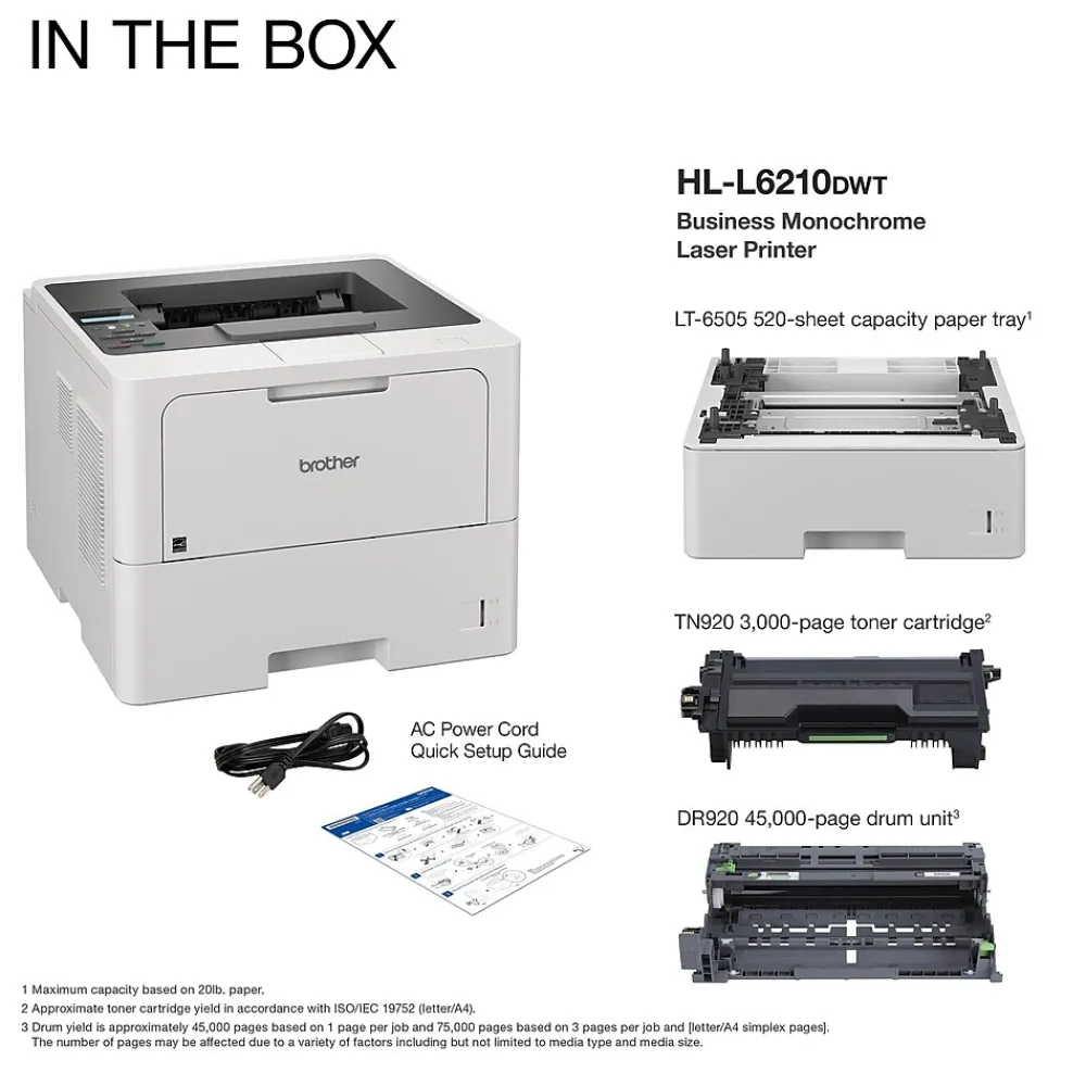 Brother HL‐L6210DWT Business Monochrome Laser Printer, Dual Paper Trays, Wireless Networking