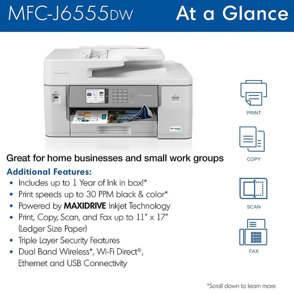 Brother INKvestment Tank MFC-J6555DW Wireless Color Inkjet Printer, All-In-One Supertank, Print, Scan, Copy, Fax