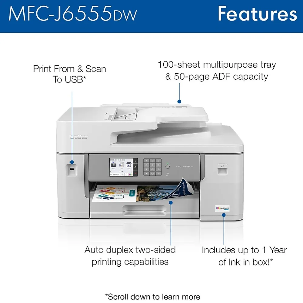 Brother INKvestment Tank MFC-J6555DW Wireless Color Inkjet Printer, All-In-One Supertank, Print, Scan, Copy, Fax