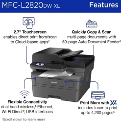 Brother MFC-L2820DW XL Wireless Compact Monochrome All-in-One Laser Printer