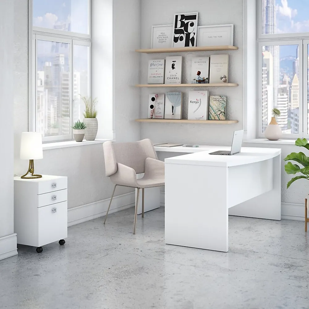 Computer Desks*Bush Business Furniture Echo 60"W L Shaped Bow Front Desk with Mobile File Cabinet, Pure White (ECH007PW)