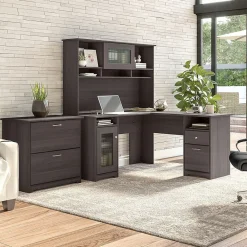 L-Desks*Bush Furniture Cabot 60"W L Shaped Computer Desk with Hutch and Lateral File Cabinet, Heather Gray (CAB005HRG)