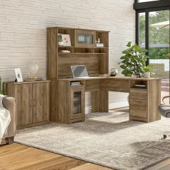 Office Desks*Bush Furniture Cabot 60"W L Shaped Computer Desk with Hutch and Small Storage Cabinet, Reclaimed Pine (CAB016RCP)