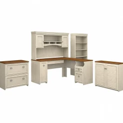 L-Desks*Bush Furniture Fairview 60"W L Shaped Desk with Hutch, File Cabinet, Bookcase and Storage, Antique White/Tea Maple (FV013AW)