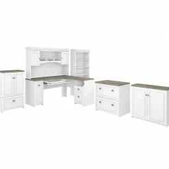 L-Desks*Bush Furniture Fairview 60"W L Shaped Desk with Hutch, Bookcase, Storage and File Cabinets, (FV014G2W) Shiplap Gray/Pure White