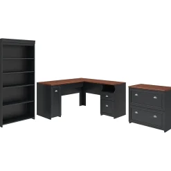 L-Desks*Bush Furniture Fairview 60"W L Shaped Desk with Lateral File Cabinet and 5 Shelf Bookcase, Antique Black (FV008AB) Antique Black/Hansen Cherry