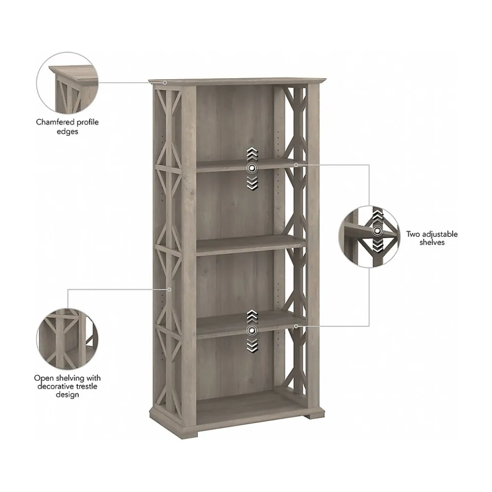 Bookcases*Bush Furniture Homestead 66.3"H 4-Shelf Bookcase with Adjustable Shelves, Driftwood Gray Laminated Wood (HOB166DG-03)