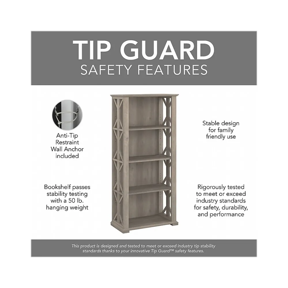 Bookcases*Bush Furniture Homestead 66.3"H 4-Shelf Bookcase with Adjustable Shelves, Driftwood Gray Laminated Wood (HOB166DG-03)