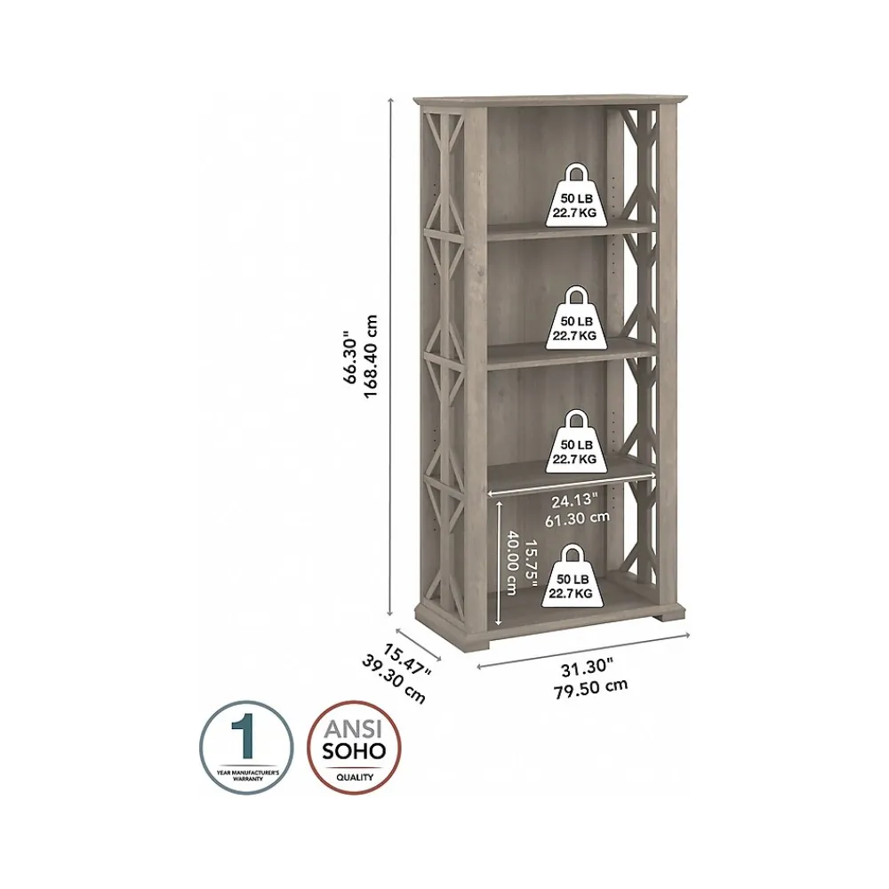 Bookcases*Bush Furniture Homestead 66.3"H 4-Shelf Bookcase with Adjustable Shelves, Driftwood Gray Laminated Wood (HOB166DG-03)