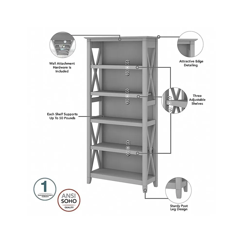 Bookcases*Bush Furniture Key West 66"H 5-Shelf Bookcase with Adjustable Shelves, Cape Cod Gray Laminated Wood (KWB132CG-03)
