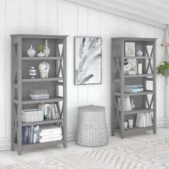 Bookcases*Bush Furniture Key West 66"H 5-Shelf Bookcase with Adjustable Shelves, Cape Cod Gray Laminated Wood, 2/Set (KWS046CG)