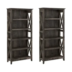 Bookcases*Bush Furniture Key West 66"H 5-Shelf Bookcase with Adjustable Shelves, Dark Gray Hickory Wood, 2/Set (KWS046GH)