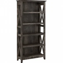 Bookcases*Bush Furniture Key West 66"H 5-Shelf Bookcase with Adjustable Shelves, Dark Gray Hickory Wood (KWB132GH-03)