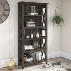 Bookcases*Bush Furniture Key West 66"H 5-Shelf Bookcase with Adjustable Shelves, Dark Gray Hickory Wood (KWB132GH-03)