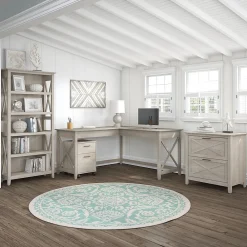 L-Desks*Bush Furniture Key West 60"W L Shaped Desk with File Cabinets and 5 Shelf Bookcase, Washed Gray (KWS017WG)